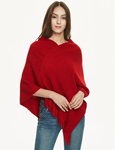 Ferand Women's Lightweight Poncho Sweater Versatile Shawl Wraps for Women 2024, Red - Thumbnail 3