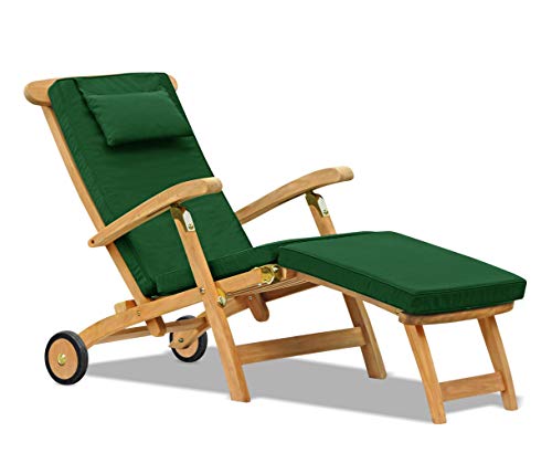 Jati Teak Steamer Chair with Wheels and Cushion (Green) - Foldable, Reclining Backrest, Removable Footrest, Delivered Ready-Assembled