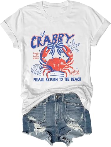 Womens Funny Beach Shirts, If Crabby Please Return to The Beach T-Shirt Funny Crab Summer Coastal Tee White