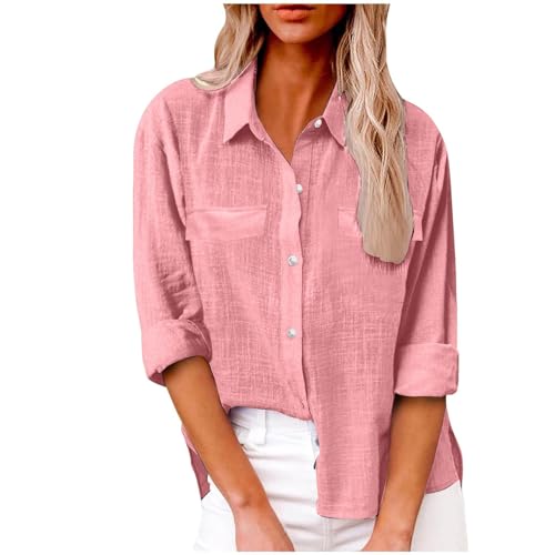 Listado de Ropa Blusas Top 10. 48 Camisa de algodón y lino con botones para mujer, estilo casual, manga larga, color sólido, camisetas de trabajo sueltas con bolsillos, Rojo sandía, XX-Large