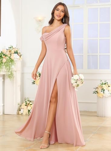 Fu Jiang One Shoulder Bridesmaid Dresses with Slit Chiffon Cold Shoulder Long Formal Evening Party Gowns4