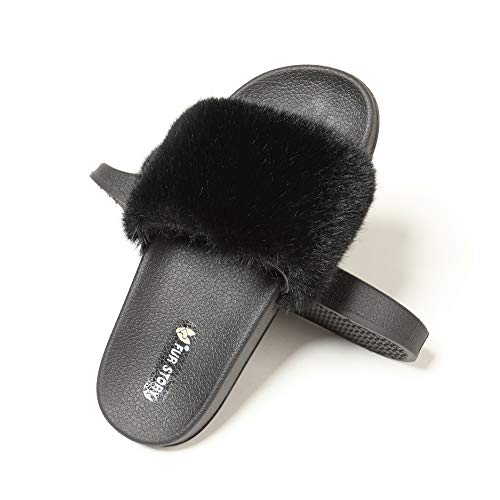 Fur Story Women's Faux Fur Slides for Outdoor Furry Leopard Print Fur Slipper Black - Thumbnail 5
