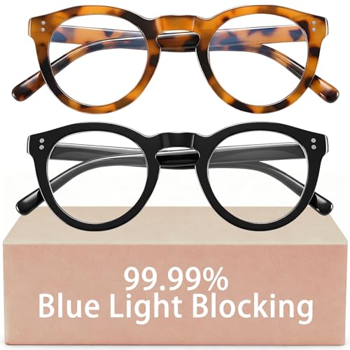 Bossace 2 Pack Round Blue Light Glasses for Women, TR90 Computer Glasses with Spring Hinge for All-Day Comfort, Anti UV Glare & Eyestrain
