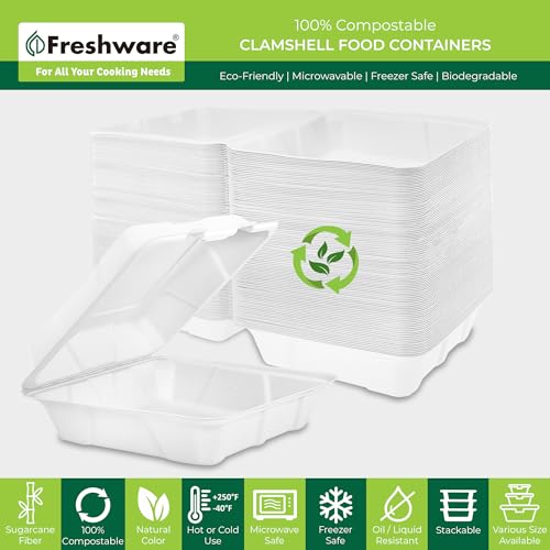 Image of Freshware Compostable 9x9 inch Clamshell Take Out Food Containers [50-Pack] - Biodegradable Sugarcane To Go Boxes - Paper Food Container - Microwave & Freezer Safe, Stackable