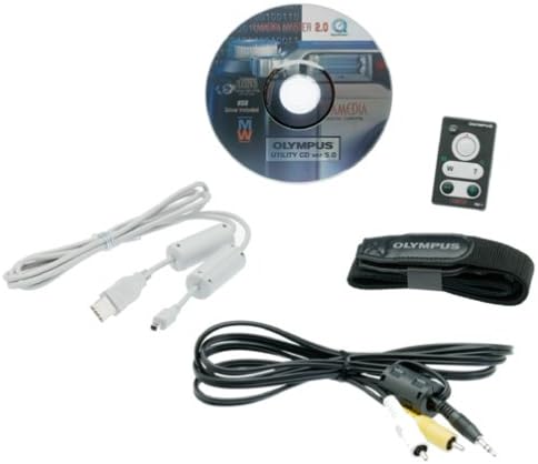 Olympus C-3000 accessories including USB cable, video cable, software CD, and wrist strap