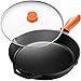 Legend Cast Iron Patelnia z pokrywką | duża patelnia 30 cm ze szklaną pokrywką i silikonowym uchwytem do piekarnika, indukcyjnego, gotowania, pizzy, duszenia i grillowania | Lekko przygotowane naczynia kuchenne stają się lepsze z użyciem