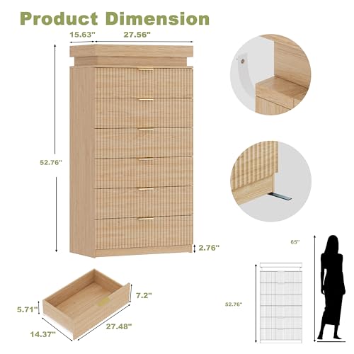 Image of Tall 6 Drawer Dresser with LED Lights and Charging Station, 53 inch Tall Fluted Dresser for Bedroom, Modern Wood Chest of Drawers for Closet Organizer Cabinet for Living Room, Natural Oak