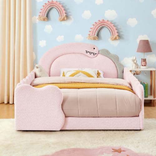 Image of Full Size Kids Bed with Dinosaur Headboard, Upholstered Boucle Fabric Twin Daybed with Slats Support & Side Pocket, Space-Saving Wooden Corner Sofa Couch Day Bed Frame for Girl, Boy, Teenager(Pink)