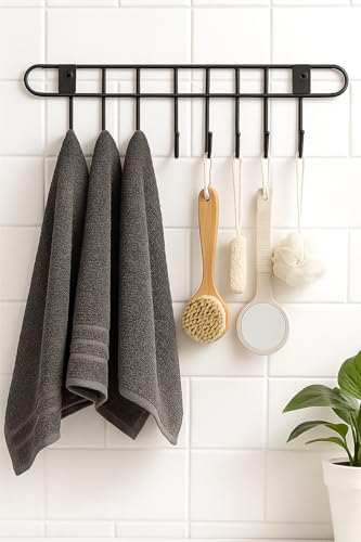 Image of Self Adhesive Kitchen Hook Rack | No Drill Wall Mounted Utensil Hanger with 11 Hooks | Heavy Duty Carbon Steel Kitchen Rail for Pots, Pans & Tools | Space Saving (Black)