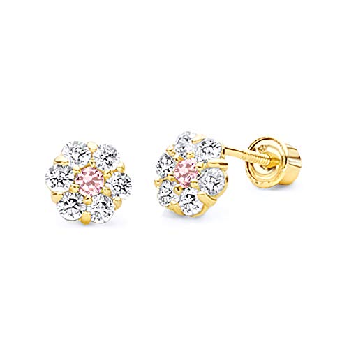 14k Yellow Gold Flower Stud Earrings with Screw Back - 12 Different Color Available