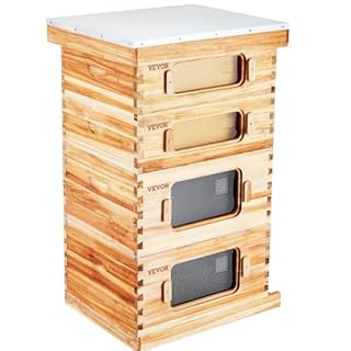 VEVOR Bee Hive 40 Frame Bee Hives Starter Kit, Beeswax Coated Fir Wood, 2 Deep + 2 Medium Bee Boxes Langstroth Beehive Kit, Transparent Acrylic Windows with Foundations for Beginners Pro Beekeepers