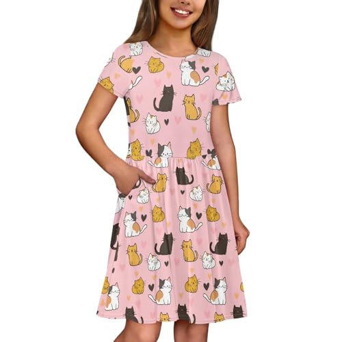 Short Sleeve Swing Dress Summer Soft Crew Neck Midi Dresses with Pockets for Girls 2-14 Years Old4