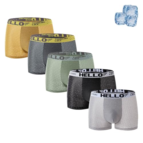 Hello Mesh Mens Underwear, 5 Packs Hello Underwear for Men Boxer Briefs Breathable Summer Ice Silk Men's Mesh Underwears