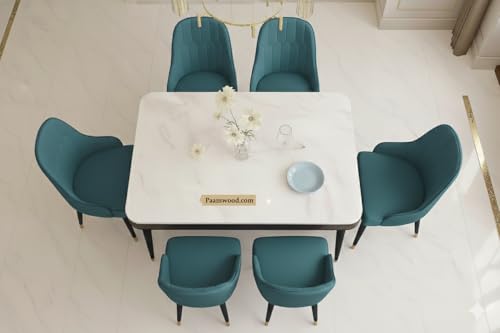 Image of Swiss Modern Dining White Marble Top Table Set with Sheesham Wood Legs, 6 Seater with Upholstered Chairs (71x36x30 Inches) (Sea Blue)