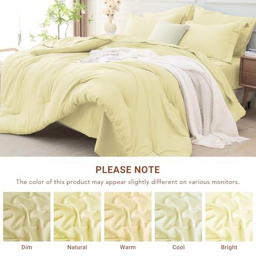 MUXHOMO 7 Pieces Queen Comforter Set, Soft Bed in a Bag Queen Size, All Season Bedding Set with Comforter, Flat Sheet, Fitted Sheet, Pillowcases & Shams, Cream Yellow