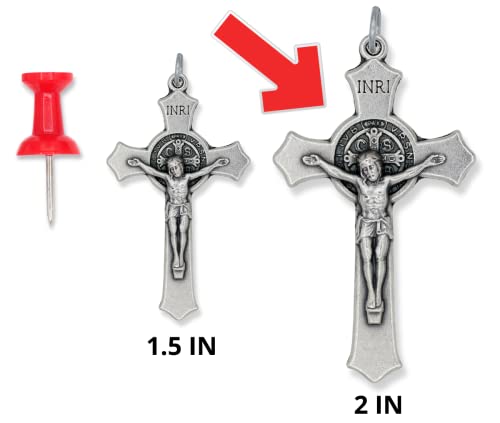 Caritas Et Fides Pack Of 5 - St Benedict Crucifix Cross For Rosary Making - Large 2 Inch Silver Oxidized Crucifix Rosary Part For St Benedict Rosary Or Mens Catholic Necklace, Made In Italy #TOP6