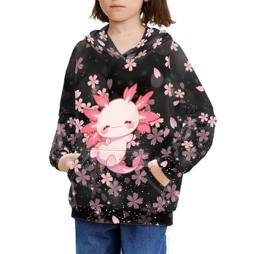HELLHERO Moletom com capuz infantil para meninas e meninos de 6 a 16 anos, A Cherry Blossoms Axolotl