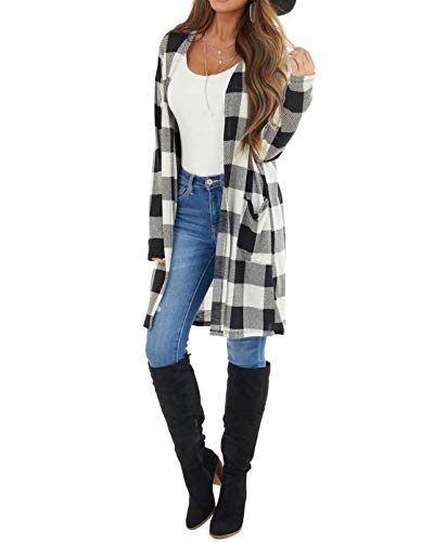 Dressmine Women's Buffalo Plaid Long Sleeve Open Front Cardigans Draped Snap Knit Sweater Coat With Pockets Black Large #TOP2