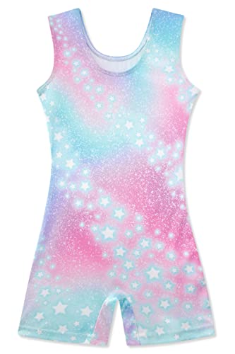 Funnycokid Gymnastics Leotards for Girls Galaxy Star Outfits One Piece Biketard Sparkly Unitard with Short, 5-6 Years - Thumbnail 2
