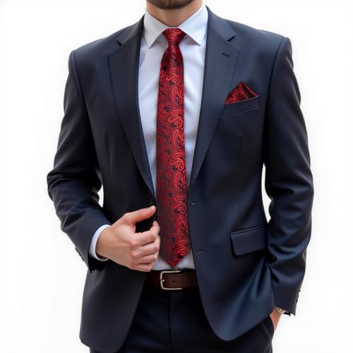 Image of DiBanGu Silk Zipper Ties for Men,Paisley Solid Plaid Pre-tied Tie and Pocket Square Cufflinks Set Formal Adjustable Necktie