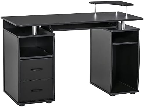 HOMCOM Computer Desk Office PC Table Workstation with Keyboard Tray, CPU Shelf, Drawers, Sliding Scanner Shelf, Black