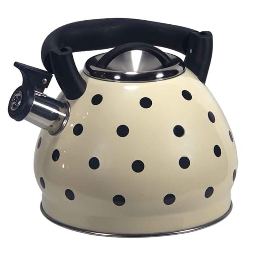 OGXN ステンレススチールホイッスルケトル 大容量 均一に加熱 お手入れ簡単 省エネ 一体型ハンドルデザイン 家庭用 家庭用電磁調理器とガスコンロに最適 台所 ファッション かわいい (3.0L折りたたみハンドルベージュドット)