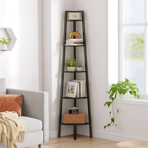 Hoctieon Corner Shelf, 5-Tier Corner Bookshelf, Rustic Ladder Shelf, Industrial Display Stand for Living Room, Kitchen, Home Office, Balcony, Small Space, Metal Frame, Black