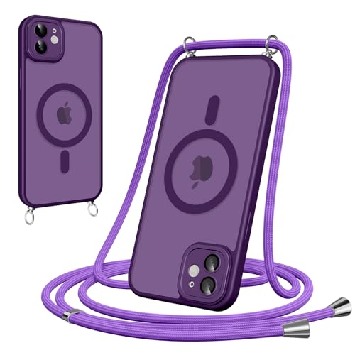 Pnakqil Funda Magnética con Cuerda para iPhone 11, Carcasa Antigolpes Case Translúcida Mate Anti-Arañazos, Cover con Correa Colgante Ajustable Collar Colgar de Cuello Cadena Cordón, Púrpura