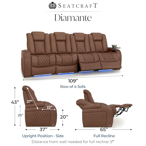 Image of Seatcraft Diamante Tobacco Italian Leather Home Theater Seating, Zero Gravity Power Recliner Gaming and Home Office Chair, Powered Headrest Lounge Sofa Furniture for Cinema Room, Row of 4 Sofa