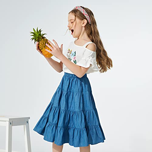 J·e Sterguard Girls' Skirt, Pure Cotton Blue Girls Denim Skirt, Knee Length A-Line Large Hem Girls Jean Skirt, Denim Skirts For Girls2252Sl7 #TOP2