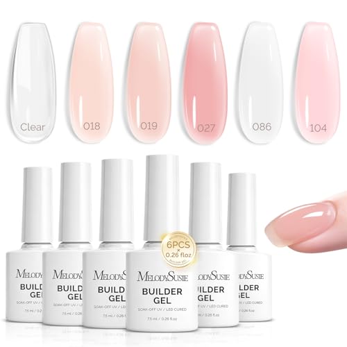 Image of MelodySusie Builder Gel Nail Polish Set, Base Colors Nude Pink White Clear Nail Thickening Rubber Base Gel Polish,Soak Off UV Extension,Rhinestone Nail Glue in a Bottle Gift for Women 6 Colors