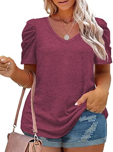Short Sleeve Plus Size Tops V Neck Tunic Shirts Casual Blouses Tees Wine Red 3XL