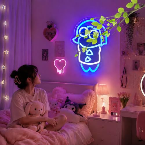 Image of Cute Cartoon Neon Sign Dimmable Blue Girl LED Light Sign for Wall Decor, Aesthetic Sad Gaming Night Light for Bedroom Game Room Birthday Playroom Gift for Kids