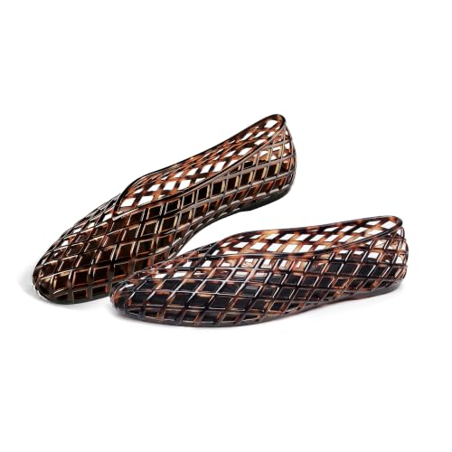 Agodor Leopard Jelly Mary Jane Clear Flat Mesh Ballet Flats for Women, Closed Square Toe Hollow Jellies Beach Flat Sandals Slip on Ballerina Dress Jelly Shoes US6