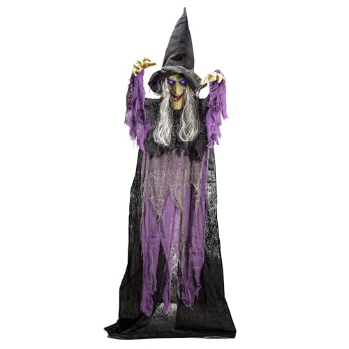 JOYIN 72” Halloween Hanging Witch Decorations Outdoor, Flying Talking Ghost Decor Light Up Eyes Sound Activated, Outside Indoor Haunted House Prop for Lawn Yard Garden, Purple の商品画像 7