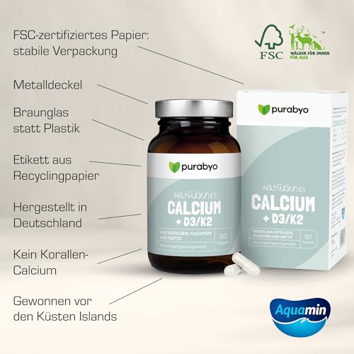 Calcium mit Vitamin D3/K2 | im Glas | Hochdosiert 640 mg | Aquamin natural Calcium aus Rotalgen | natürliches Kalzium | Calcium hochdosiert | vegan, laborgeprüft und in Deutschland hergestellt