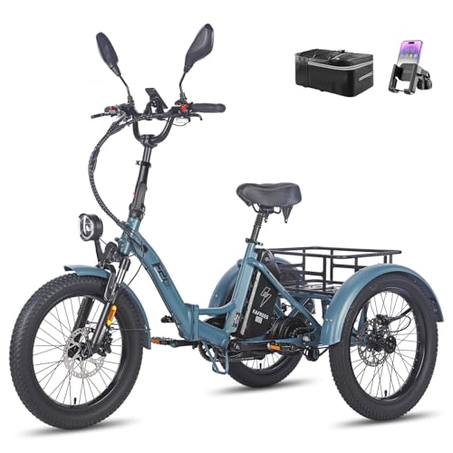 Fafrees E Bike 3 Rad, F20 Mate ebike klapprad Lastenfahrrad 20'*3.0 Zoll, e Bike Dreirad für Erwachsene 48V 21Ah Akku, 65N.m 25km/h, Dreirad für senioren (Kleiner hinterer Korb, Blau)