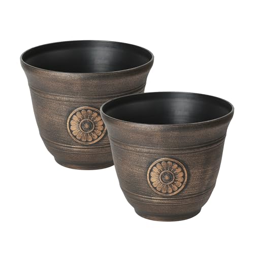 My Garden Plant Flower Pot Set of 2 Indoor & Outdoor 30CM Plastic Plant Pots With Drainage Holes Lightweight Easy To Move Plant Pots Garden Decoration Herb Orchid Planting Pot (Antique Bronze Effect)
