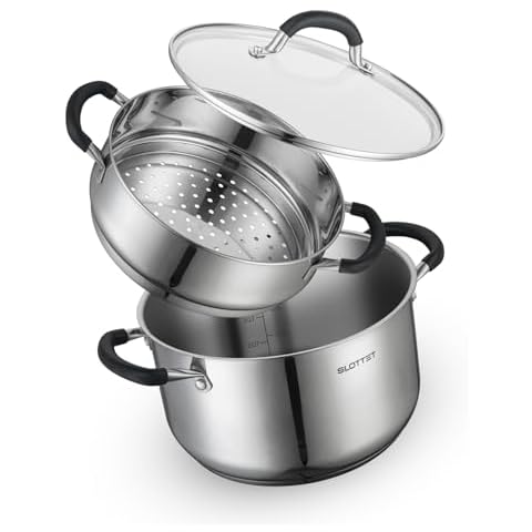 SLOTTET 6 Quart Stainless Steel Stock Pot with Steamer Cover