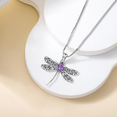 Vintage Dragonfly Necklace for Women 925 Sterling Silver, Oval Birthstone Dragonfly Pendant Boho Jewelry Birthday Gift for Her, Mom, Grandma4