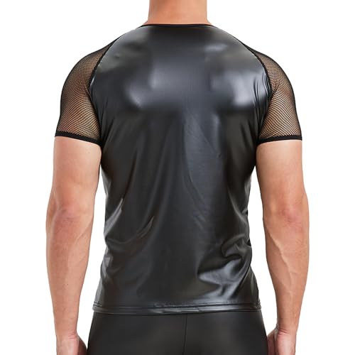 QiaTi Men's Faux Leather Polo Shirts Short Slevees Tops with Zipper Muscle Fit Collared Shirts for Casual2