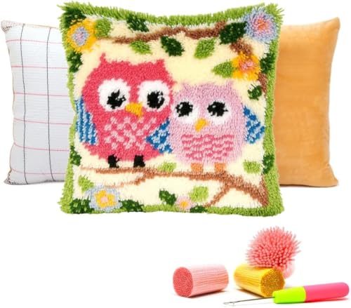 Image of clubevy DIY Latch Hook Kits Pillow Case Embroidery Carpet Set Needlework Pillow Cover Sofa Cushion Cover Craft Kits 17x17 inch (Owl 2)