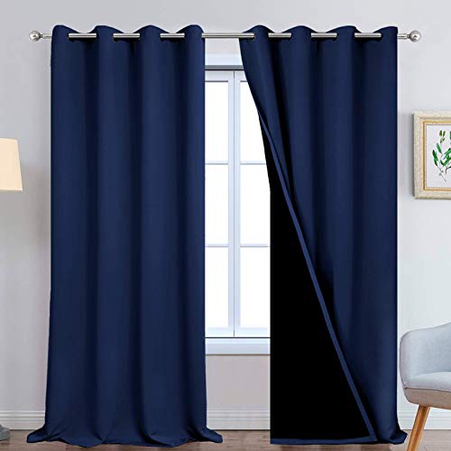 Image of Yakamok Navy Blue 100% Blackout Curtains 108 Inches Long 52 inch Wide, 2 Panels | Blackout Curtain Panels for Bedroom, 2 Thick Layers Grommet Top Thermal Insulated Drapes with Black Liner for Living Room