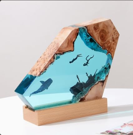 Żywica 3D z motywem oceanu, figurki zwierząt, lampka nocna z drewnianym cokołem i kablem USB, statuetka morska, dekoracyjna lampa z żywicy epoksydowej, lampa do sypialni dla miłośników morza