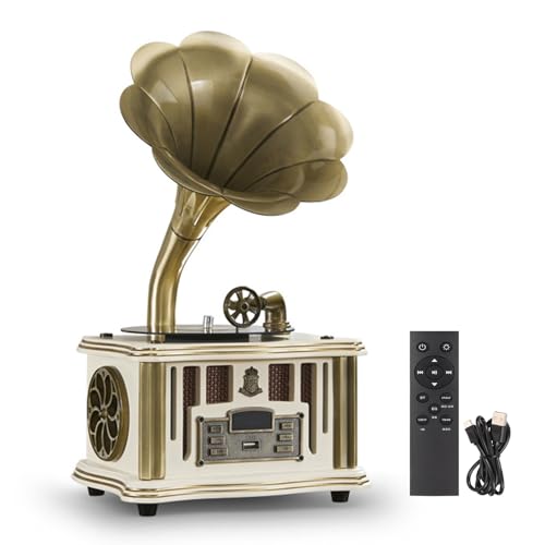 Giradischi fonografico retrò, grammofono vintage nostalgico con altoparlante Bluetooth wireless e radio FM per telefoni cellulari, tablet, laptop,White