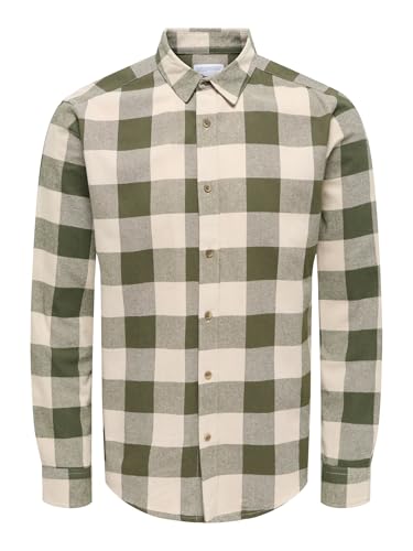 Kariertes Holzfäller Hemd Basic Langarm Flanellhemd Freizeit Karo Slim Fit Shirt Baumwolle ONSGUDMUND, Farben:Grün, Größe Hemd:XXL