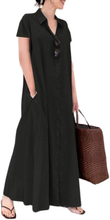 Long Shirt Dress for Women Casual Floral Printed Button Maxi Dress Long Sleeve V Neck Contton Linen Blouse Dresses