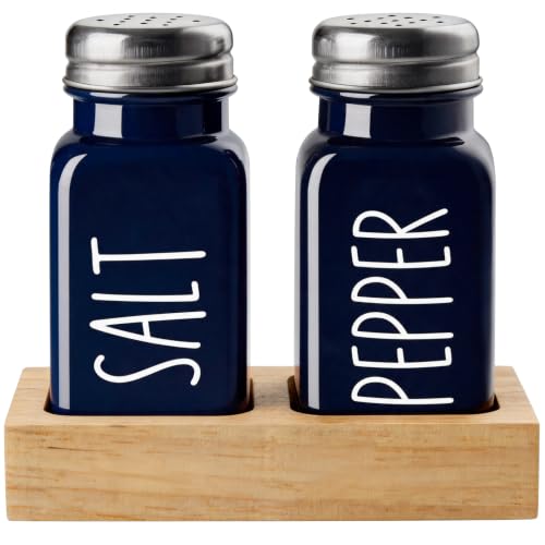 Salt and Pepper Shakers Set with Holder - Dopeca Glass Salt Shaker with Wood Caddy for Kitchen Counter or Table - Navy Blue Kitchen Decor and Wedding Gifts -2.7 oz