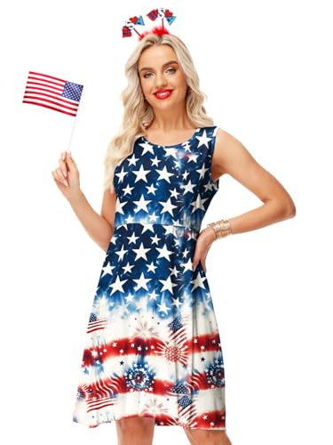 Image of Deerose 4th of July Dress for Women Sleeveless American Flag Patriotic Elastic High Waist Sundress