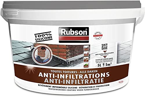 Rubson Revêtement Anti-Infiltrations Stop fuite Gris 5 kg, pour réparation & étanchéité de toitures inclinées & plates, Résine silicone imperméable anti-fuites & anti-fissures
